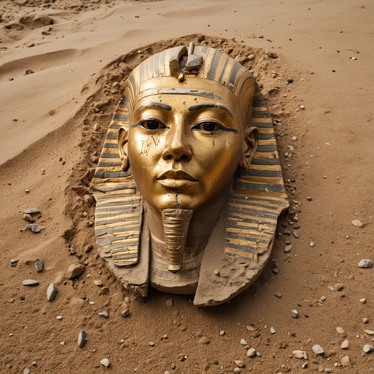 Side view: The death mask of the Egyptian king Tutankhamun lies on dirty sand. The mask is very old, the gilding on many parts has worn off, there are many chips and scratches on the mask. There are also broken stones lying on the dirty sand. View from a close distance.