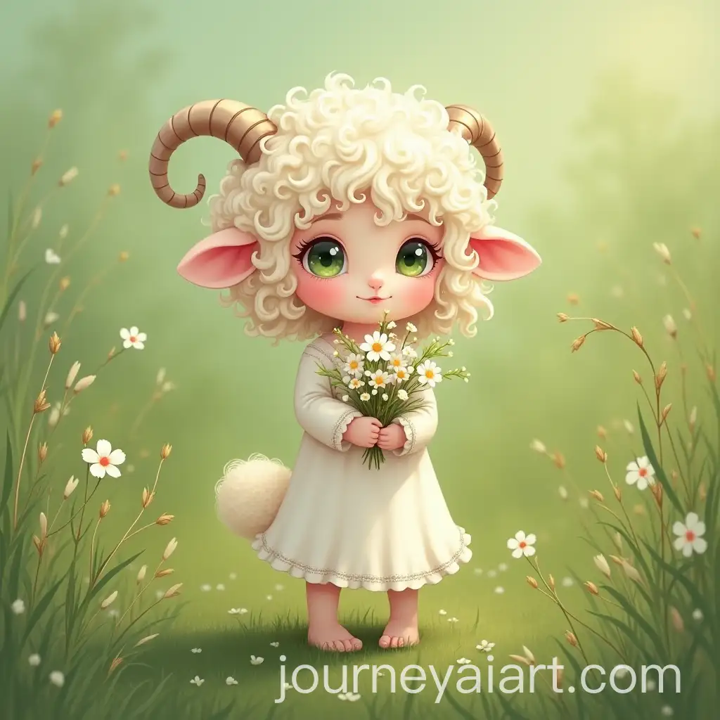 Cute-Demihuman-Sheep-Girl-Holding-Wild-Flowers-in-a-Lush-Meadow