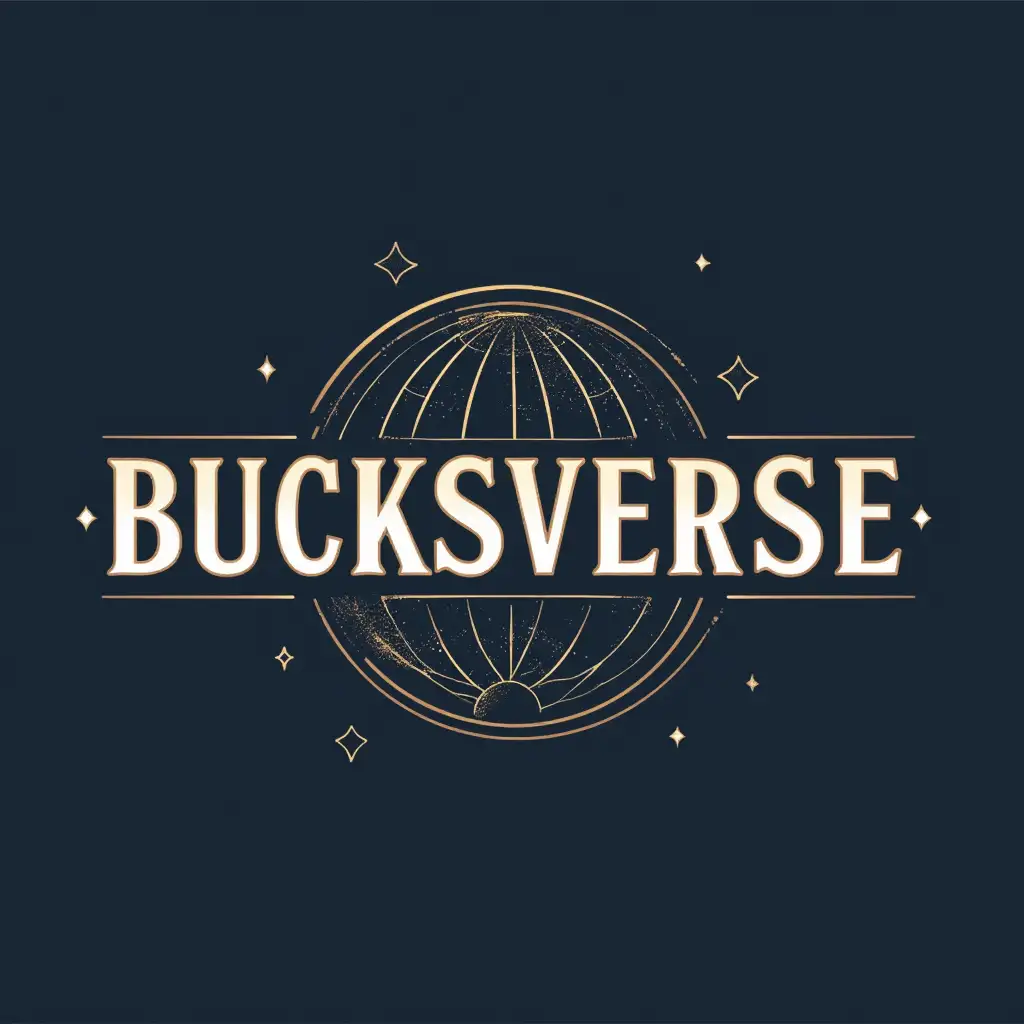 Design a sleek and modern typographic logo for a channel named 'Bucksverse.' The logo should feature bold, clean fonts with a futuristic touch to represent exploration and discovery. Incorporate subtle elements that symbolize history, knowledge, and curiosity, such as a globe, a book, or abstract stars. Use a color palette of deep blue, gold, and white for a timeless and professional look. The design should be simple, scalable, and easily recognizable across digital platforms like YouTube and TikTok.