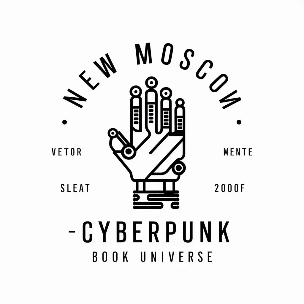 a vector logo design,with the text "New Moscow - cyberpunk book universe", main symbol:cybernetic hand,Moderate,be used in Entertainment industry,clear background