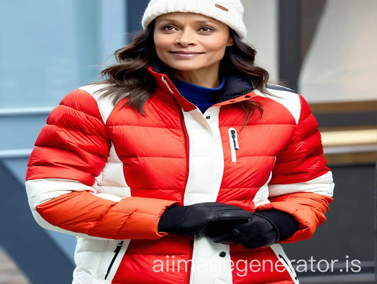 Thandie-Newton-in-Red-and-White-KJUS-Duana-Quilted-Jacket-with-Sorel-Snow-Boots