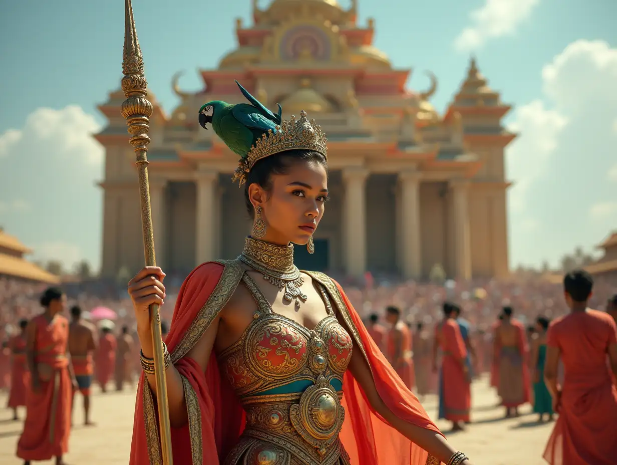 ultradetailled hyperrealistic portrait woman with parrot head and rhomber robe costume and a lance in her hand in front of a big temple with many people on a elaborately detailed, colorful