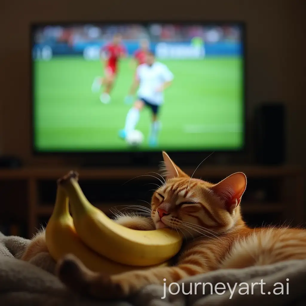 Cat-Sleeping-and-Eating-a-Banana-in-Front-of-Soccer-on-TV