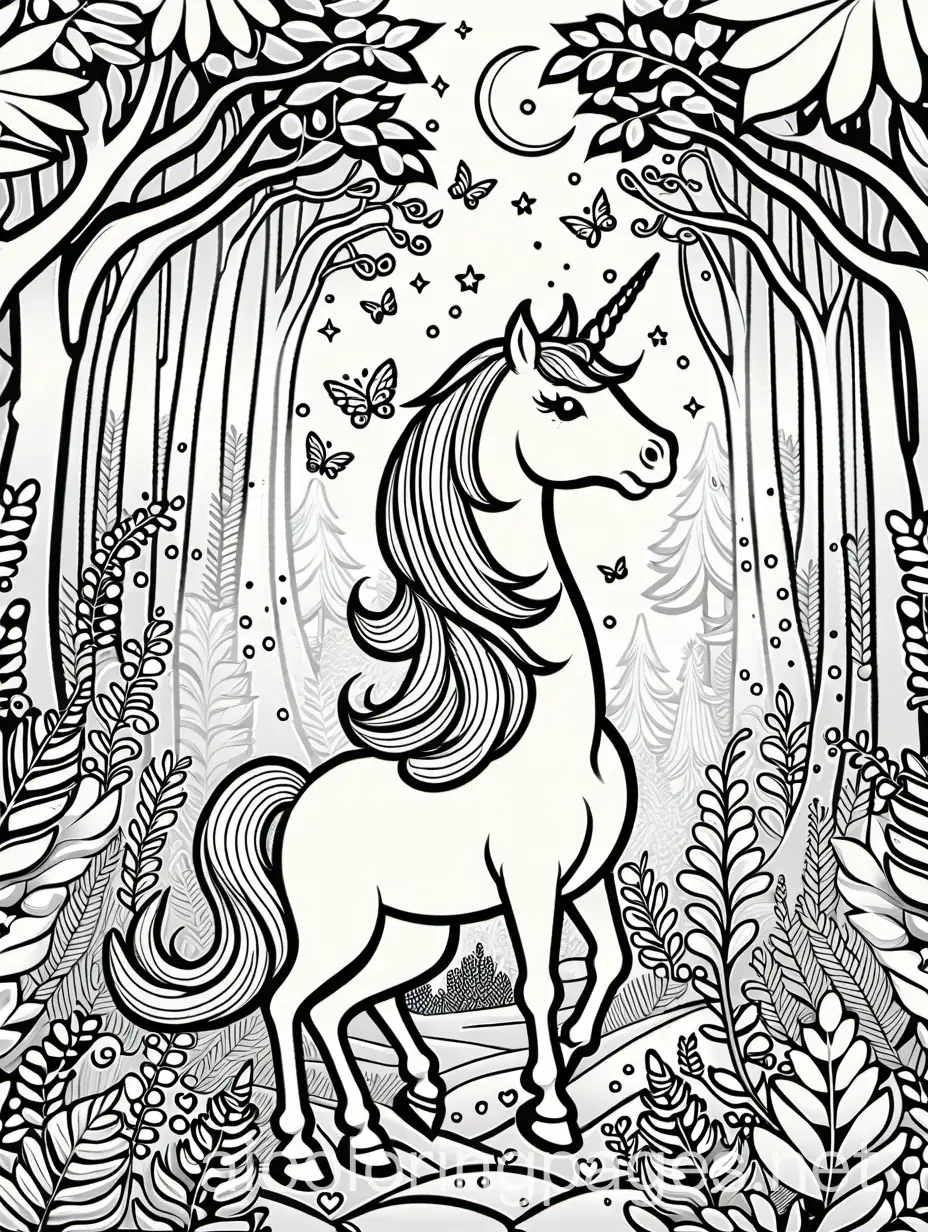 a Cute unicorn in a magical forest with faires for kids , Coloring Page, black and white, line art, white background, Simplicity, Ample White Space. The background of the coloring page is plain white to make it easy for young children to color within the lines. The outlines of all the subjects are easy to distinguish, making it simple for kids to color without too much difficulty