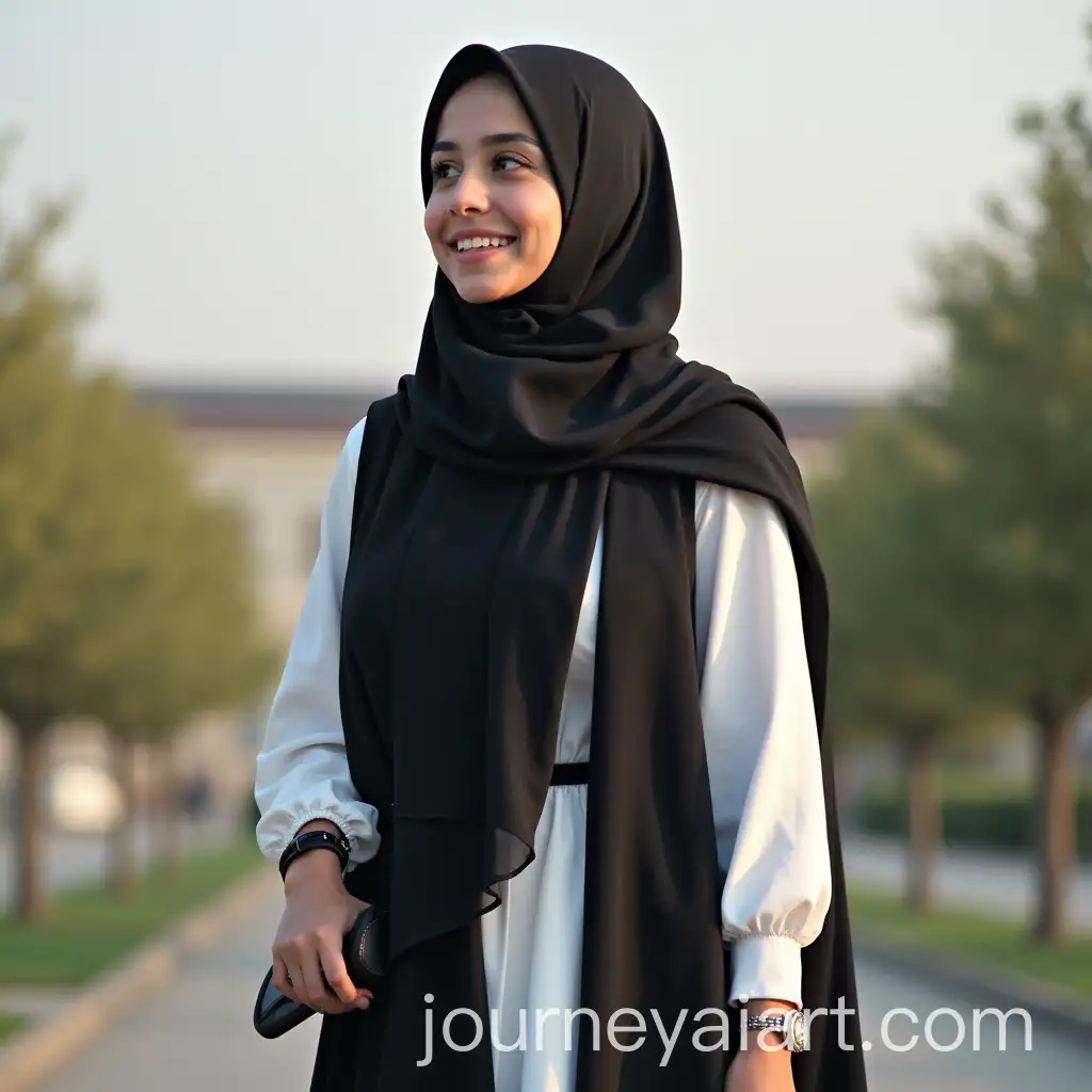 Muslim-Girl-in-White-and-Black-Dress-with-Long-Shawl-at-International-University