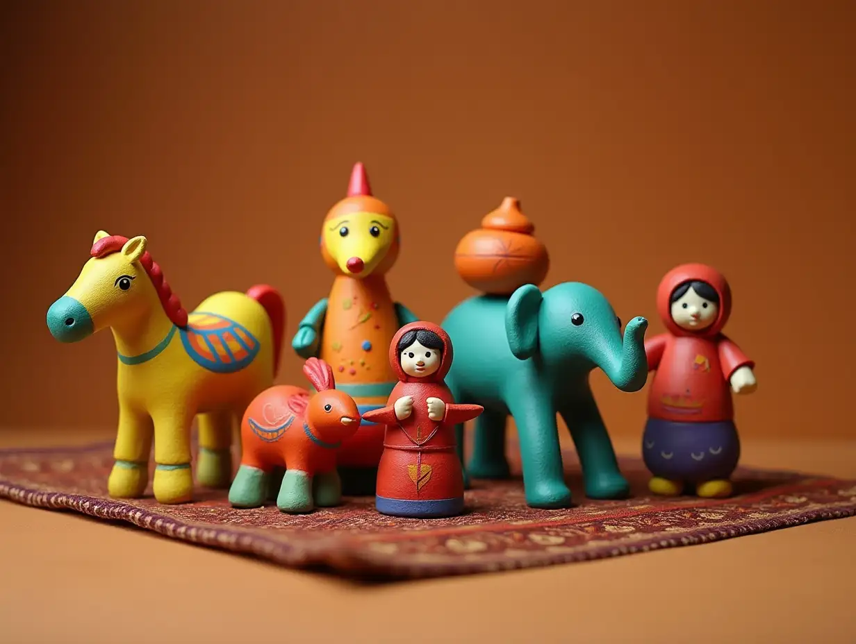 A colorful group of clay toys from Bangladesh, arranged on a traditional Bengali mat. The toys include a horse, a bird, a doll, and an elephant, each one unique and beautifully crafted. The background is a warm, earthy tone, with a few subtle shadows to give depth and texture, uhd, 128k,