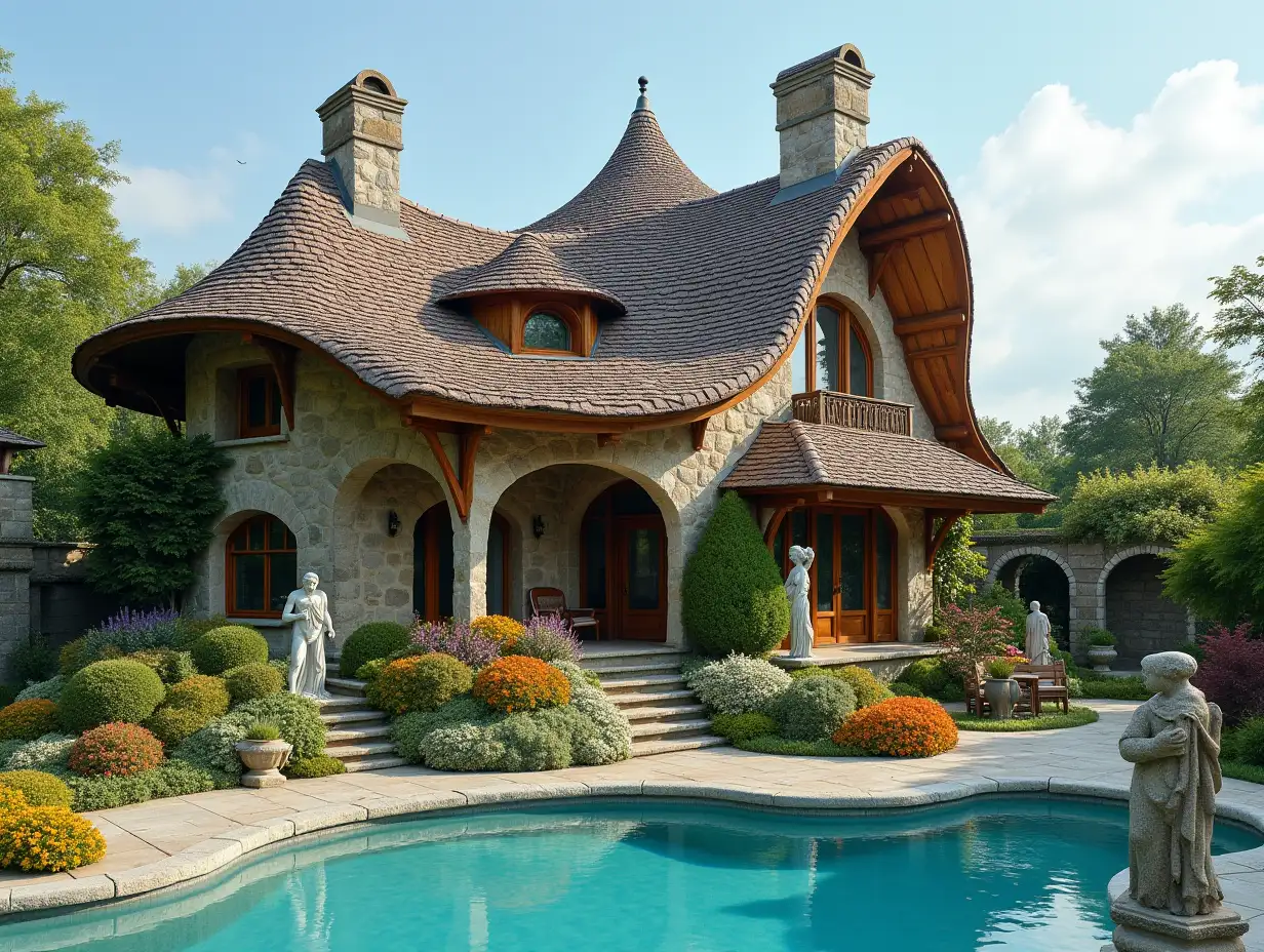 Create a house with a twisted roof with people, with a large garden and pool with a large, colorful bushes and statues