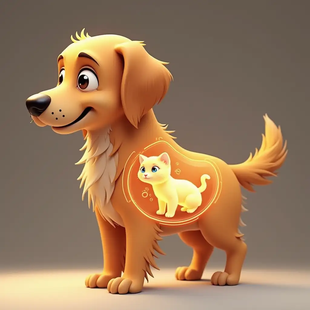 Side view of a beautiful golden retriever dog with a cute kitten inside its stomach. The dog has a satisfied and sly expression, eyeshadow. The kitten is visible as a superimposed x-ray vision into the dog's stomach. 3d cgi stylized cartoon style.