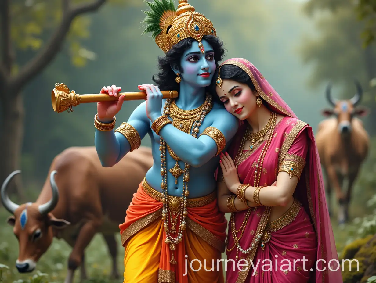 Radha-and-Krishna-in-Garden-with-Cow-and-Peacock-Krishna-Playing-Flute