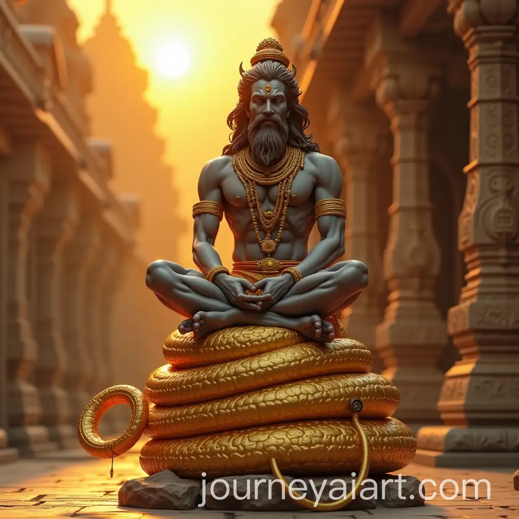 Bajrangbali-Sitting-on-Golden-Coiled-Tail-in-Ancient-Indian-Temple