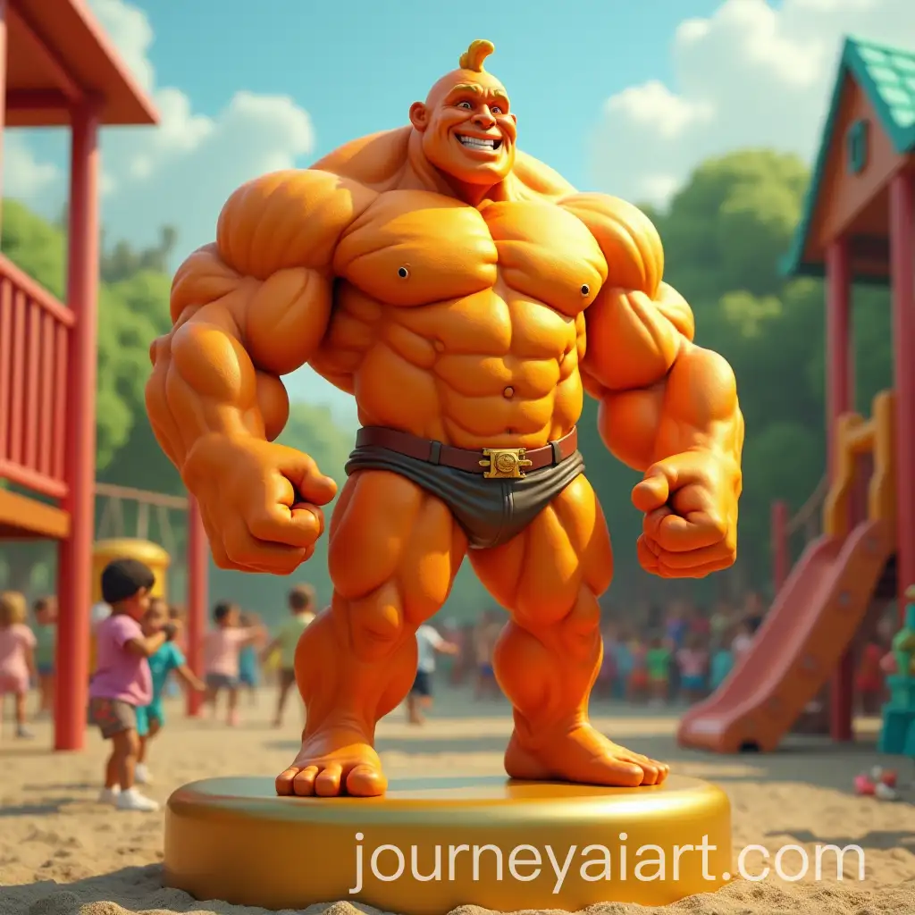 Muscular-Orange-Character-on-Gold-Podium-with-Playground-Background