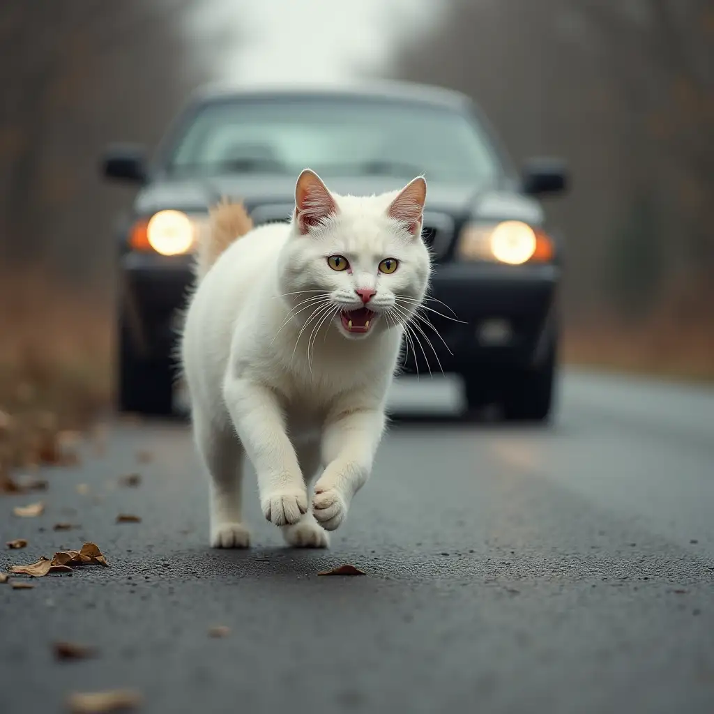 White cat runs away on the road from the car, accident, fear