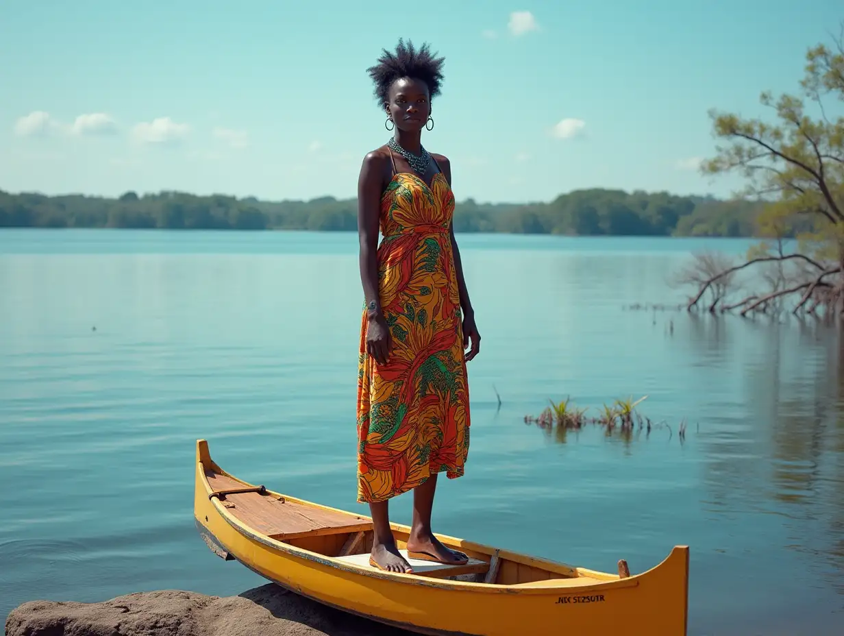 African woman standing on a rock by the lake.Boats 4K resolution Colorful