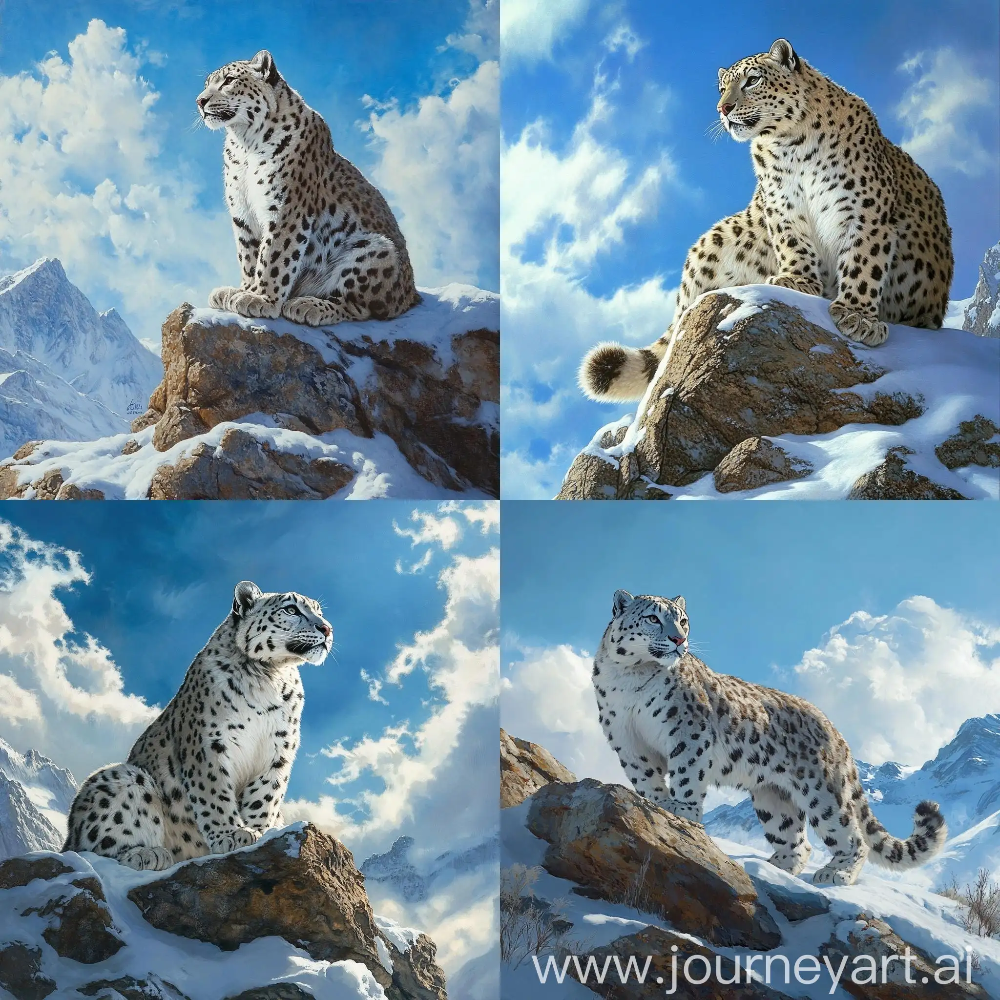 Snow-Leopard-Resting-on-Rocky-Outcrop-with-Snow-and-Blue-Sky