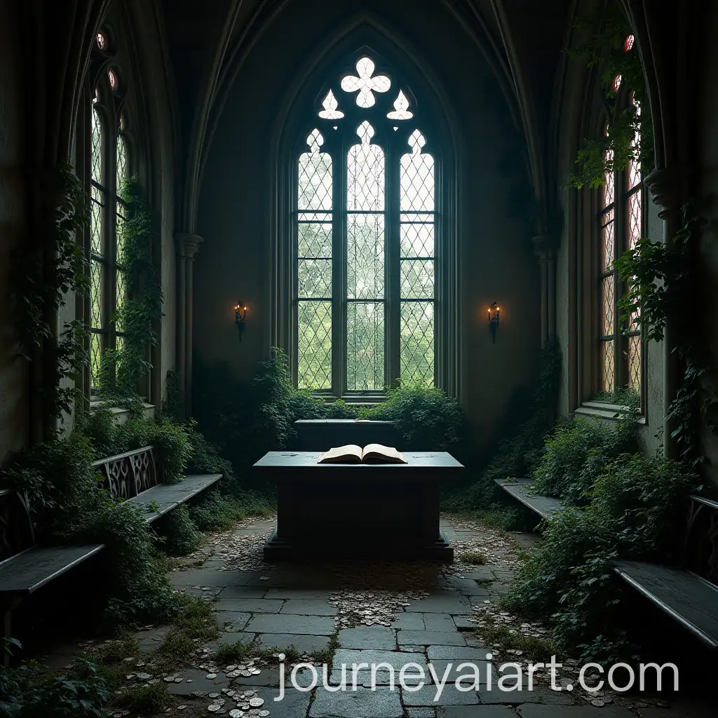 Abandoned-Gothic-Chapel-with-Overgrown-Vines-and-Shattered-Stained-Glass
