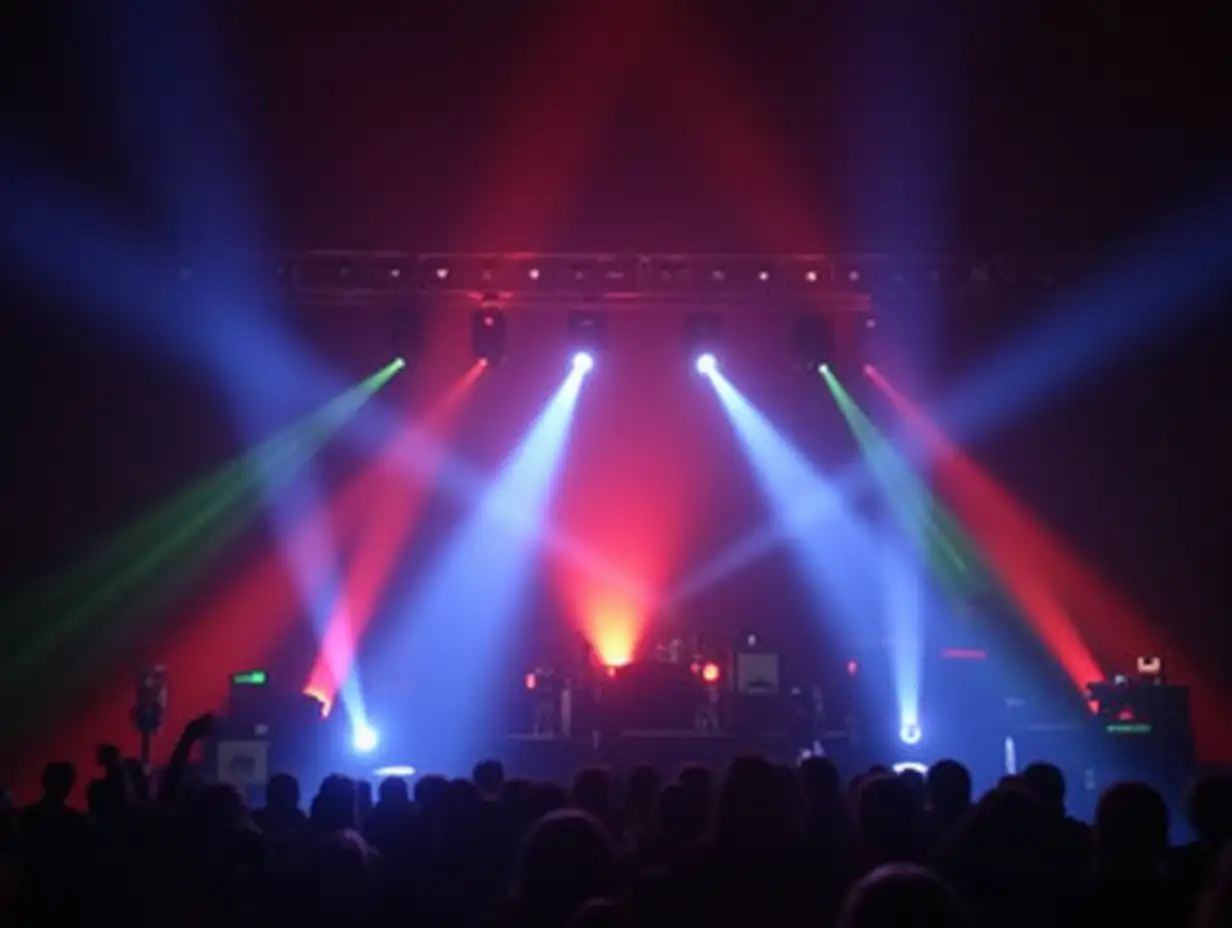 Colorful stage lights casting vibrant beams and bokeh effects, evoking the excitement and energy of a live performance.