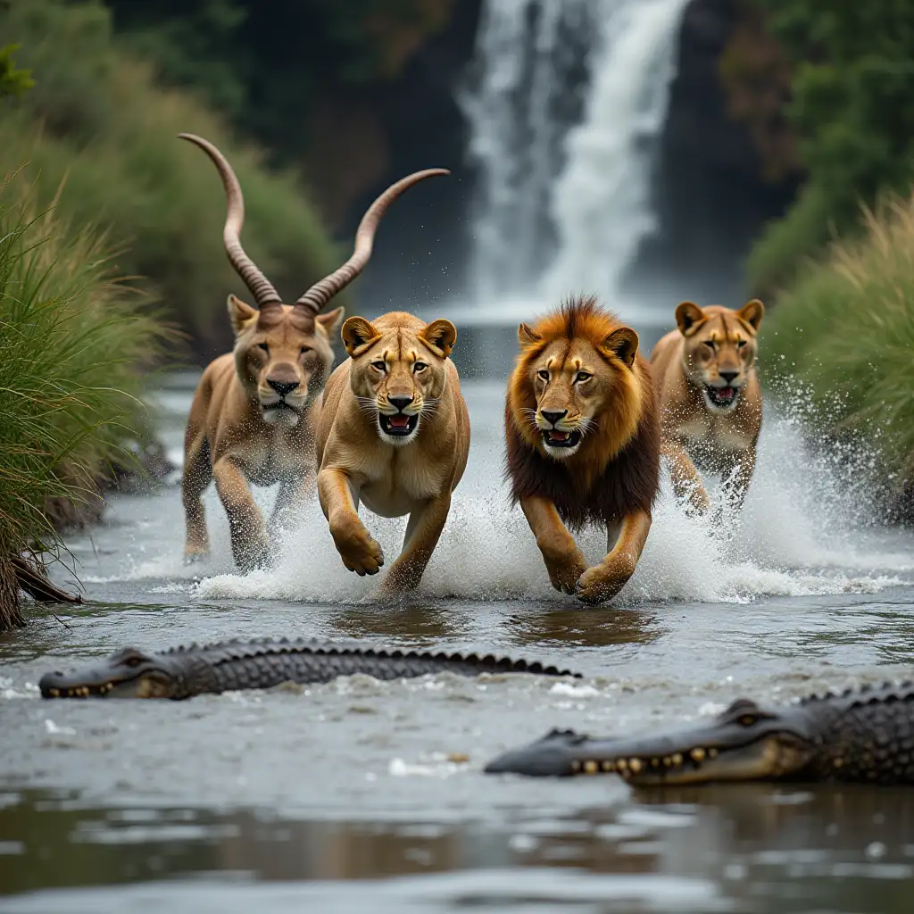 A pride of Lioness chasing a antelope while crossing a stream infested with crocodiles. Behind is a waterfall