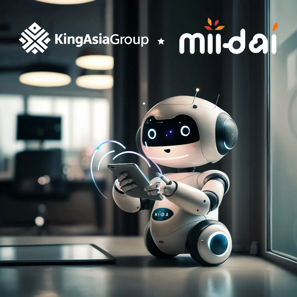 A cute little robot is located near an office, with KingAsiaGroup and MiidAI signs next to it, using mobile device services