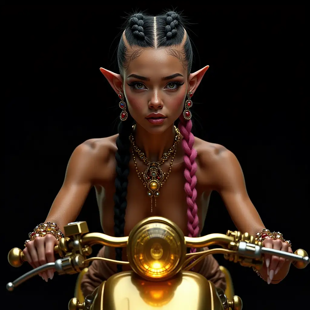 Hyperrealistic portrait of a beautiful alien woman with black pink braided hair on a golden futuristic motorcycle wearing elaborately detailed, colorful and futuristic jewelry.black background