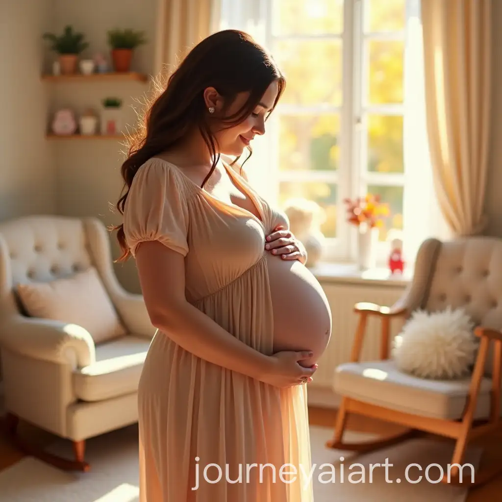 Pregnant-Woman-in-a-Sunlit-Nursery-Cradling-Her-Belly-with-Serenity