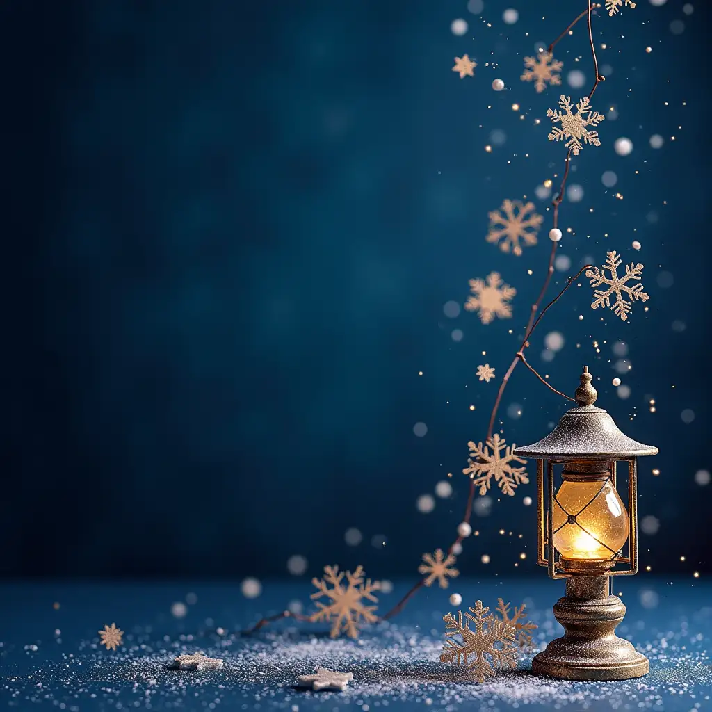 Beautiful christmas card with snow flakes and lamp decorations on the navy blue background