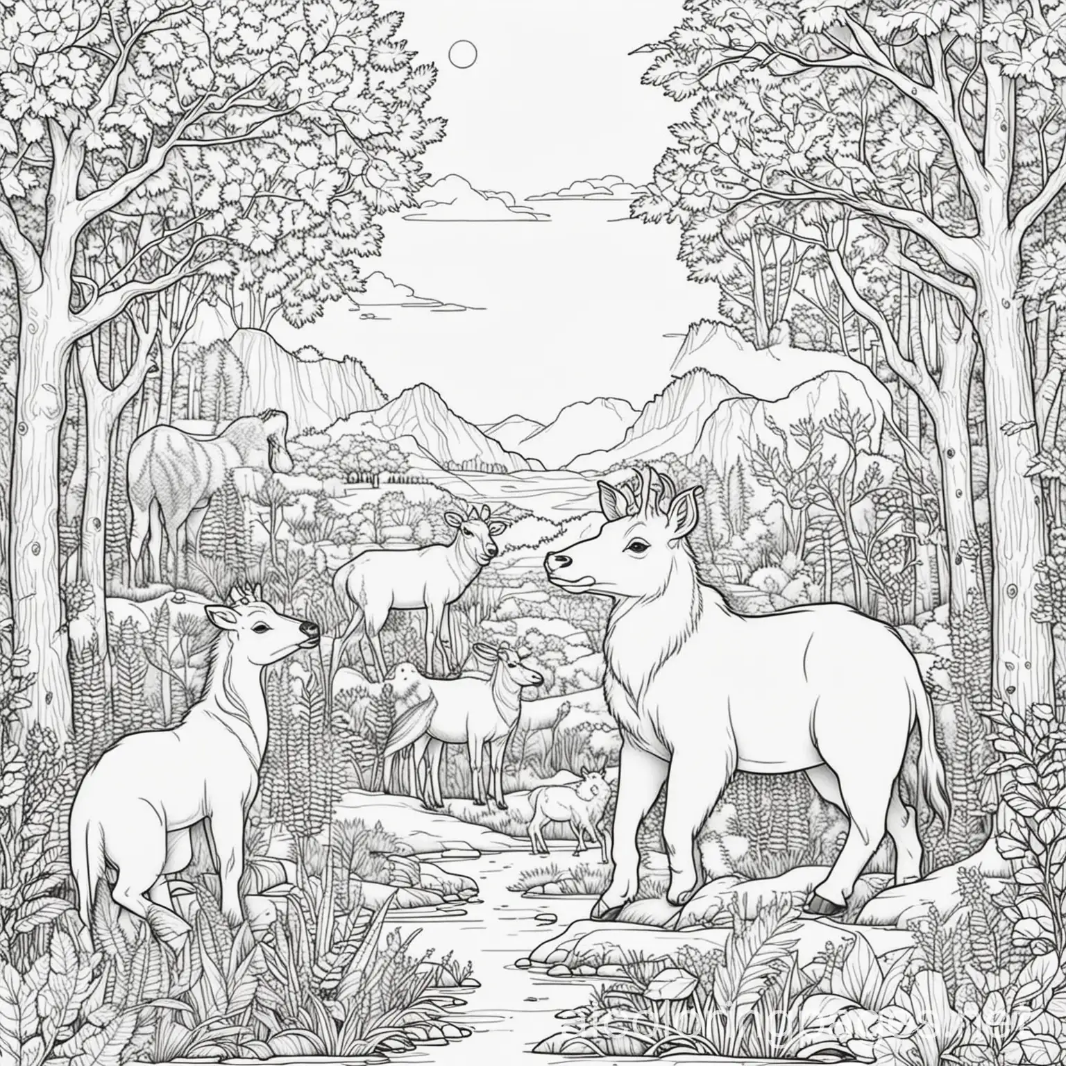 Animals in nature, Coloring Page, black and white, line art, white background, Simplicity, Ample White Space. The background of the coloring page is plain white to make it easy for young children to color within the lines. The outlines of all the subjects are easy to distinguish, making it simple for kids to color without too much difficulty