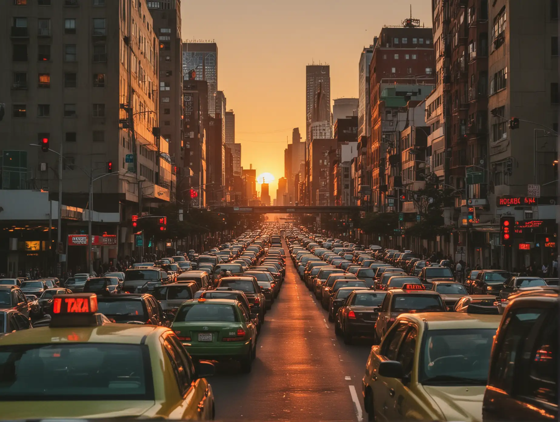 looking forward through the rear window, at sunset on the highway, with high and low buildings on both sides, red light in front, many cars ahead, and a green taxi in the right front