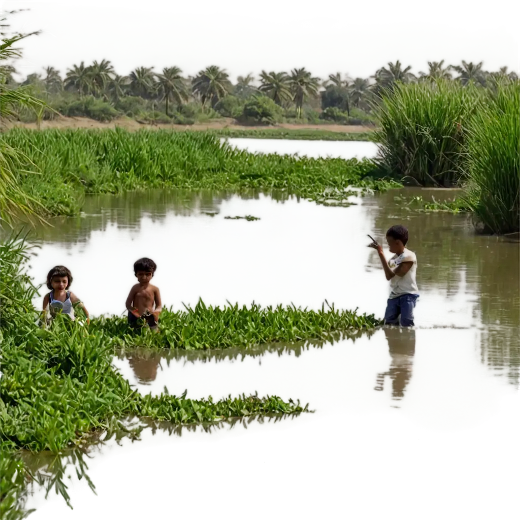 Children-Playing-Near-the-Nile-with-Birds-Reeds-and-Flowing-Water-HighQuality-PNG-Image-for-Nature-andPNG-Image-Usage-Scenarios-Childhood-Themes