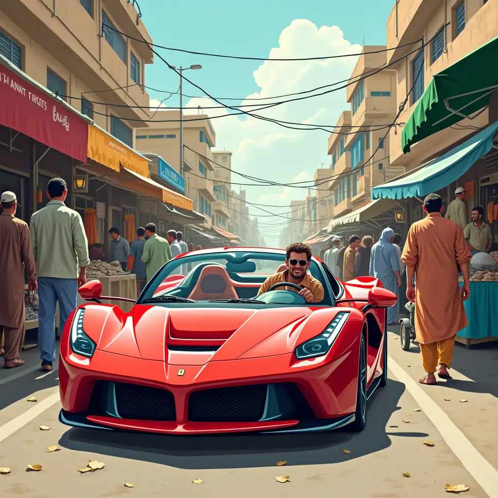 Here is an illustration of a man driving a Ferrari through a bustling market in Pakistan, surrounded by vibrant stalls and lively activity.