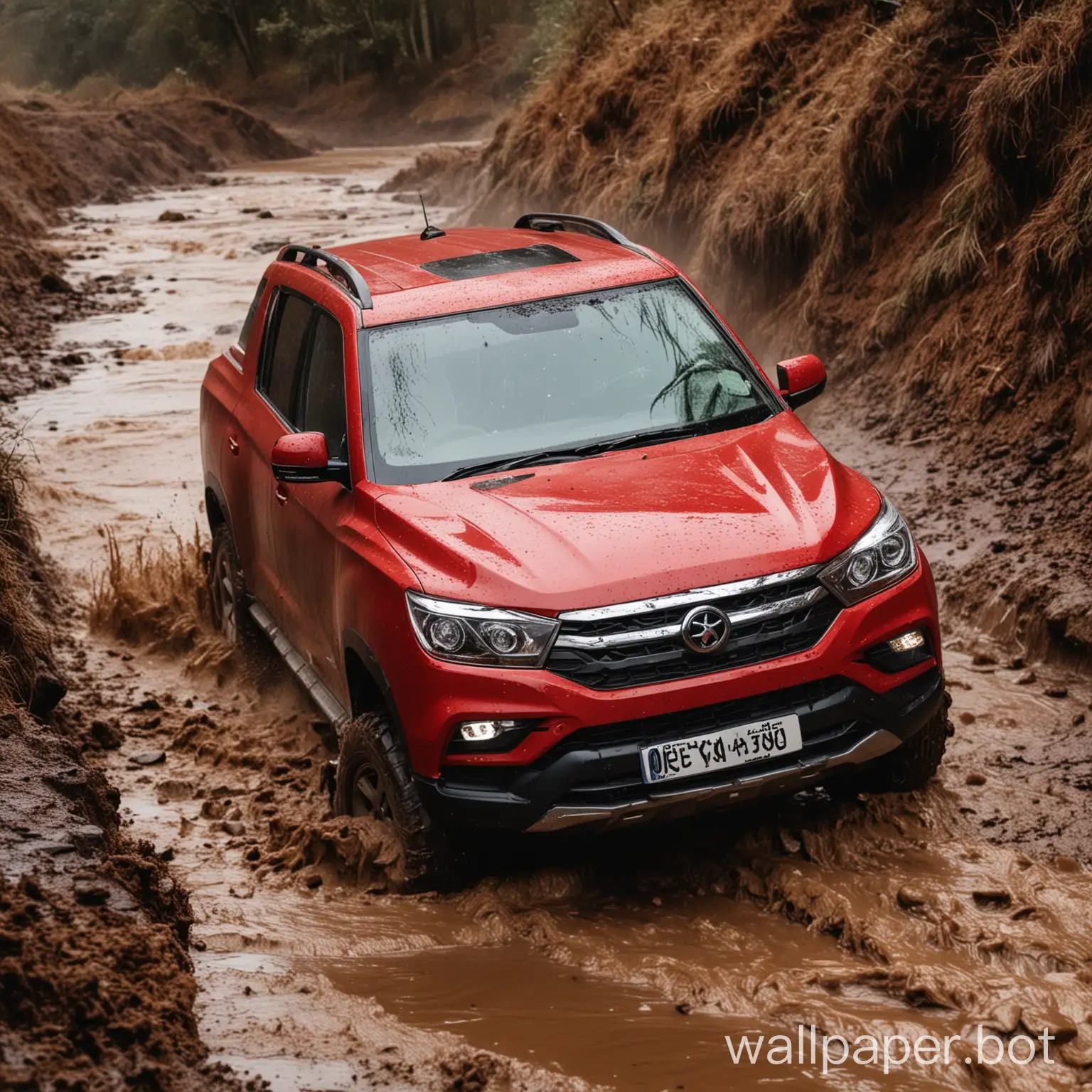 ssangyong musso red in muddy terrain and water fall