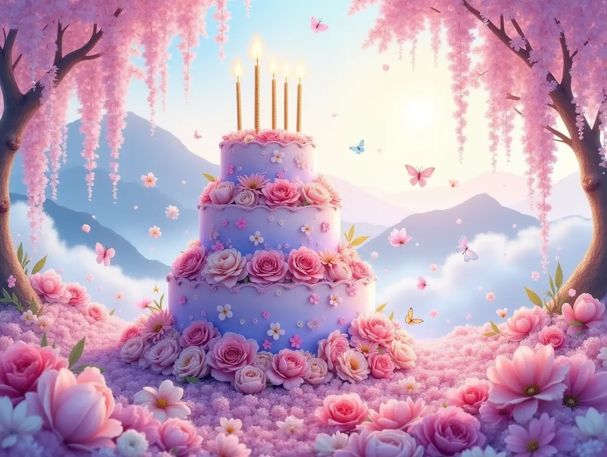 Whimsical watercolor painting of a majestic birthday cake emerging from an ocean of blossoms. The three-tiered confection adorned with crystallized rose petals and edible gold leaf stands directly upon a floral carpet, its ombre lavender frosting glowing under soft sunlight. A kaleidoscope of peonies, hydrangeas and wild poppies cascades toward misty mountains under swirling cloud formations. Translucent candles float above buttercream clouds, surrounded by monarch butterflies dancing with falling cherry blossoms. Calligraphy-style 'Happy Birthday' flags ripple between ancient magnolia trees, their branches heavy with blooming wisteria. Ethereal light beams illuminate the sugar flower decorations, each petal glistening with morning dew. Enchanting fairy-tale aesthetic with muted jewel tones, extreme close-up foreground flowers transitioning to impressionistic background, magical realism details accentuated by delicate brushwork.