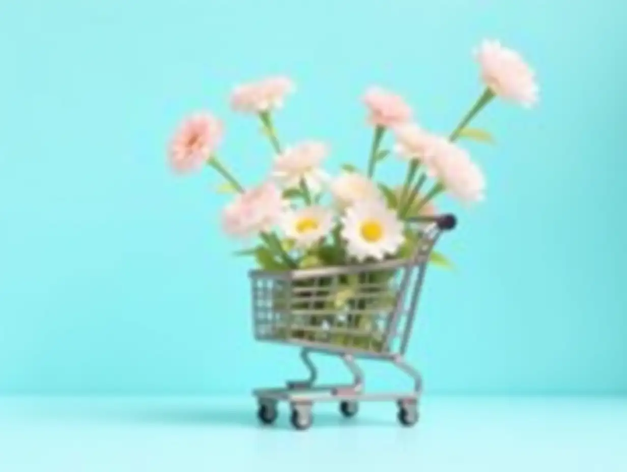 Shopping trolley with flying flowers on pastel blue background Flower delivery concept with copy space Sale shopping for the holidays Mothers Day Womens Day Valentines Day or Birthday