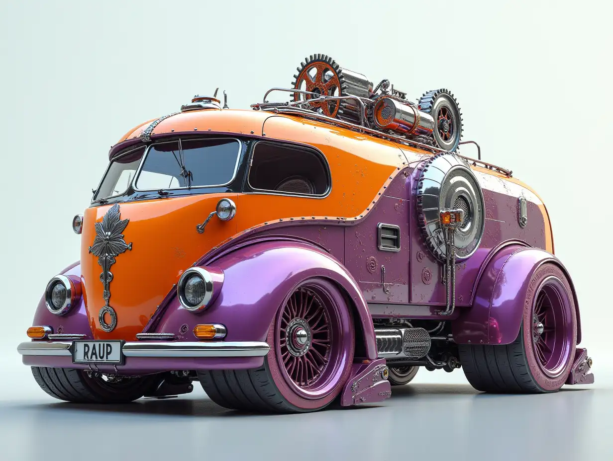 A supermodern utopian sports bus with, lowered with crazy gears large on the roof aluminum wheels, wide cream tires, orange purple- and silver-colored, Cyberpunk