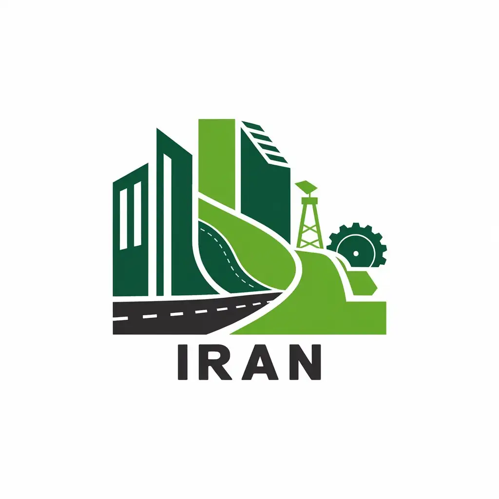 a vector logo design,with the text "Iran", main symbol:building and apartment and road and gear and oil company logo,Moderate,be used in Construction industry,clear background