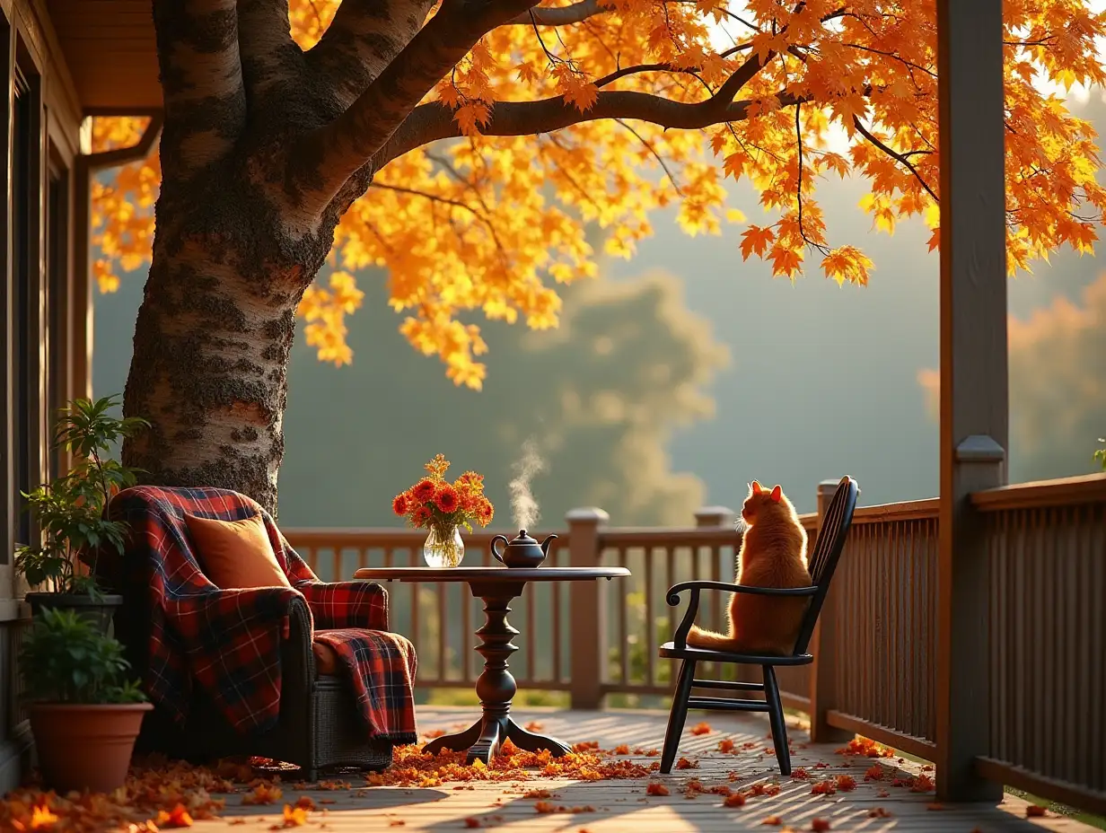 A cozy autumn scene on a veranda. Instead of a person, a majestic birch tree with thick branches that reach down to the ground takes center stage, its golden leaves fluttering in the breeze. Across from the birch, a ginger cat sits on a chair, gazing at the tree as if sharing the moment. The veranda is enveloped in warm autumn colors, with golden and red leaves gently falling from nearby trees. A plaid blanket is draped over one side of the table, beside a small vase with autumn flowers and a steaming teapot. The scene is bathed in soft, golden light, creating a peaceful and serene atmosphere. In the background, the ground is carpeted with fallen leaves, and a gentle breeze rustles through the trees, enhancing the tranquil mood