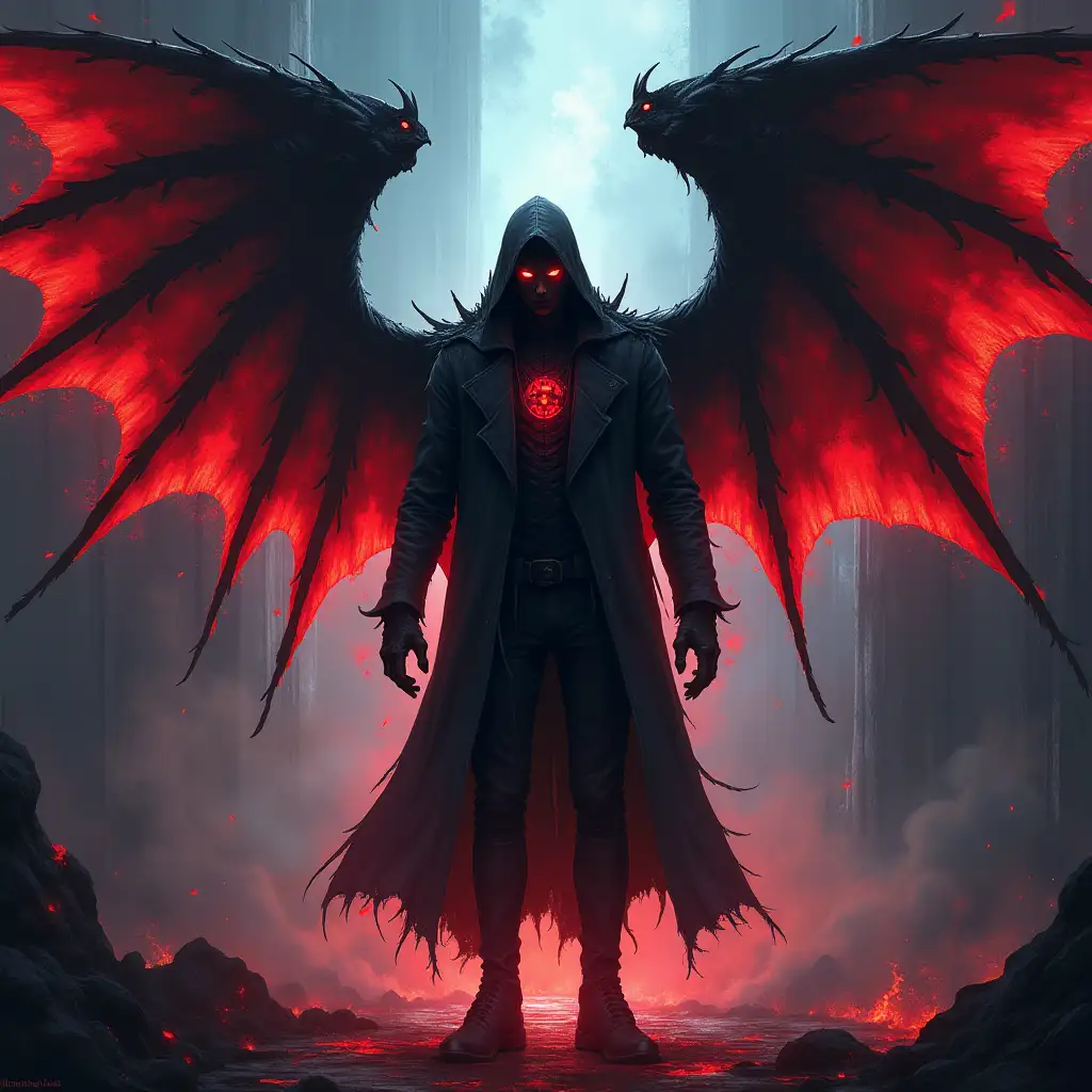 A captivating and mysterious illustration of a sinister character named Khitrov, set in the SCP Foundation universe. Despite the dark theme, the colors are bright and vivid, creating a striking contrast between the evil figure with glowing wings and the intensity of the scene. With a sense of foreboding, leaving the viewer intrigued, wary, fascinated, and uneasy.