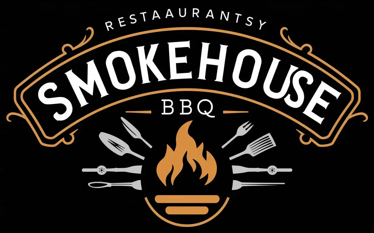 Generate a high-quality logo featuring the text 'Smokehouse BBQ,' with a bold, clean font. The logo should include a flame graphic in the center, accompanied by grilling utensils on each side. The design should be enclosed within a circular badge with ornamental accents, all set against a dark background.