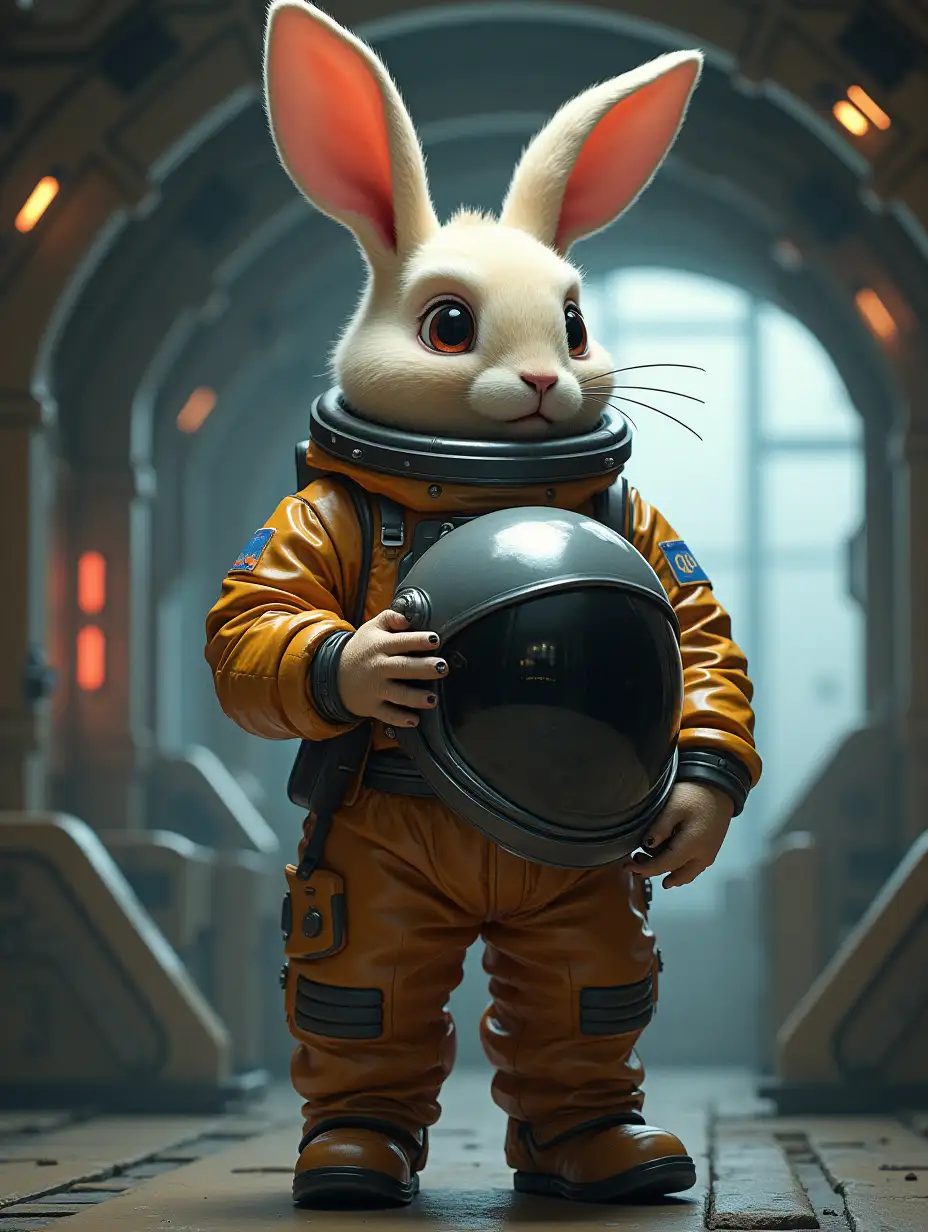 a brutal anthropomorphic rabbit with small ears in a helmetless spacesuit holding the helmet of the spacesuit, background - interior living module of a space base