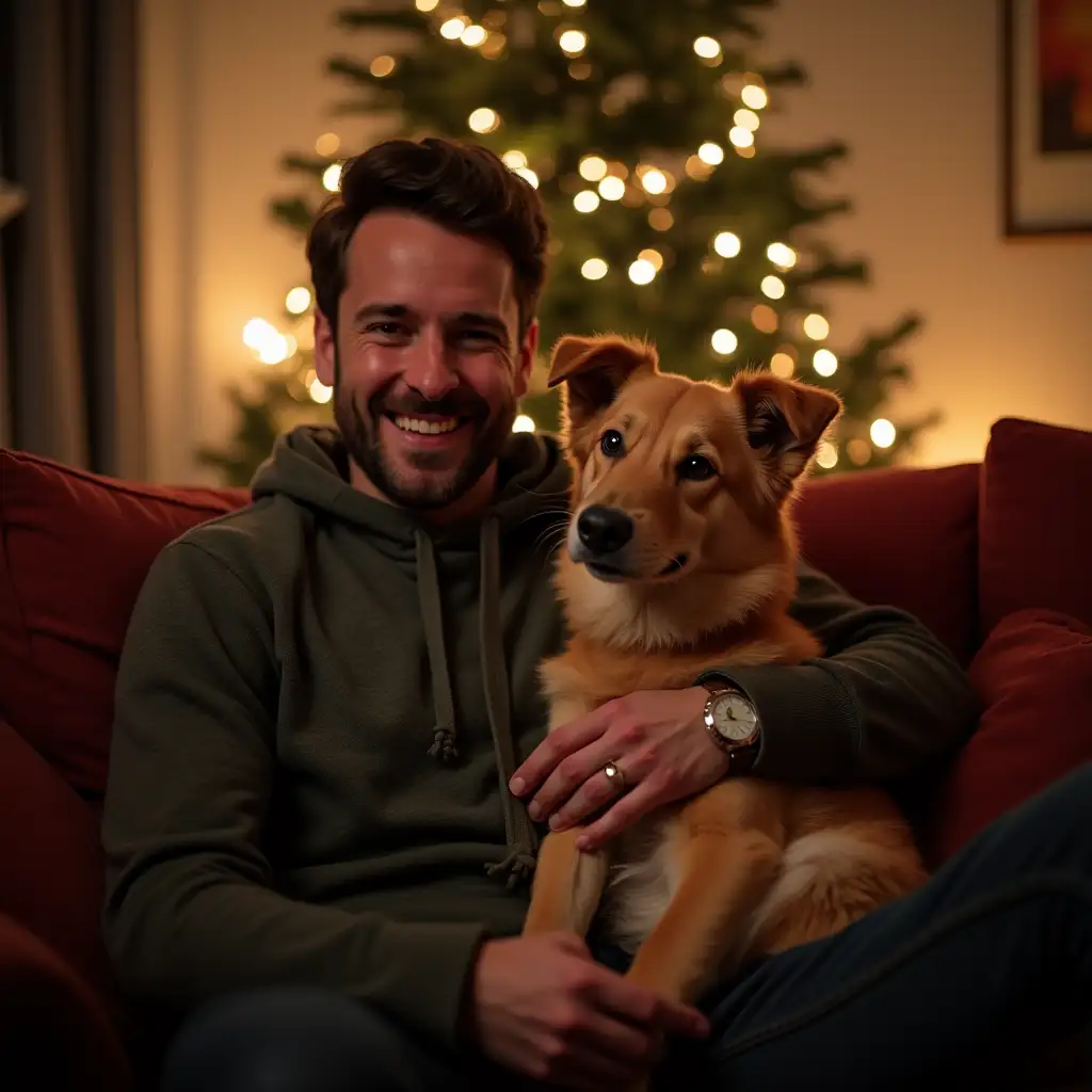 Joyful Solitude Handsome Man and His Dog Enjoying Christmas Bliss