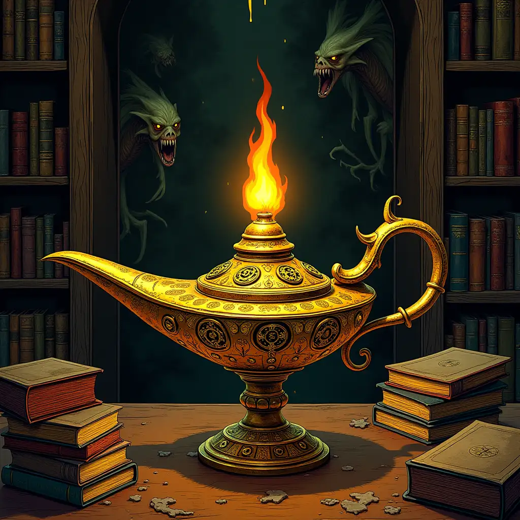 Lovecraft -Horror. In the foreground is a golden djinn lamp in the form of a wunderlampe from 1001 nights, adorned with symbols from the Necronomicon illuminated by a flame that comes from the front opening opposite the handle, a room full of very old books on shelves and piles of books, monsters lurk around in lovecraft-style everywhere, trashy, pulp, underground comic style, provocative, dirty, dirty, disgusting, slimy, greasy, shameless