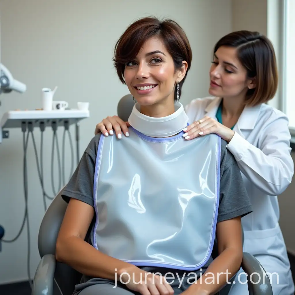 Woman-in-Dentists-Chair-with-Dental-Assistant-Adjusting-Protective-Bib