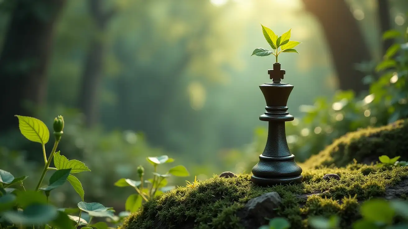 A magical world where chess pieces grow on plants and trees