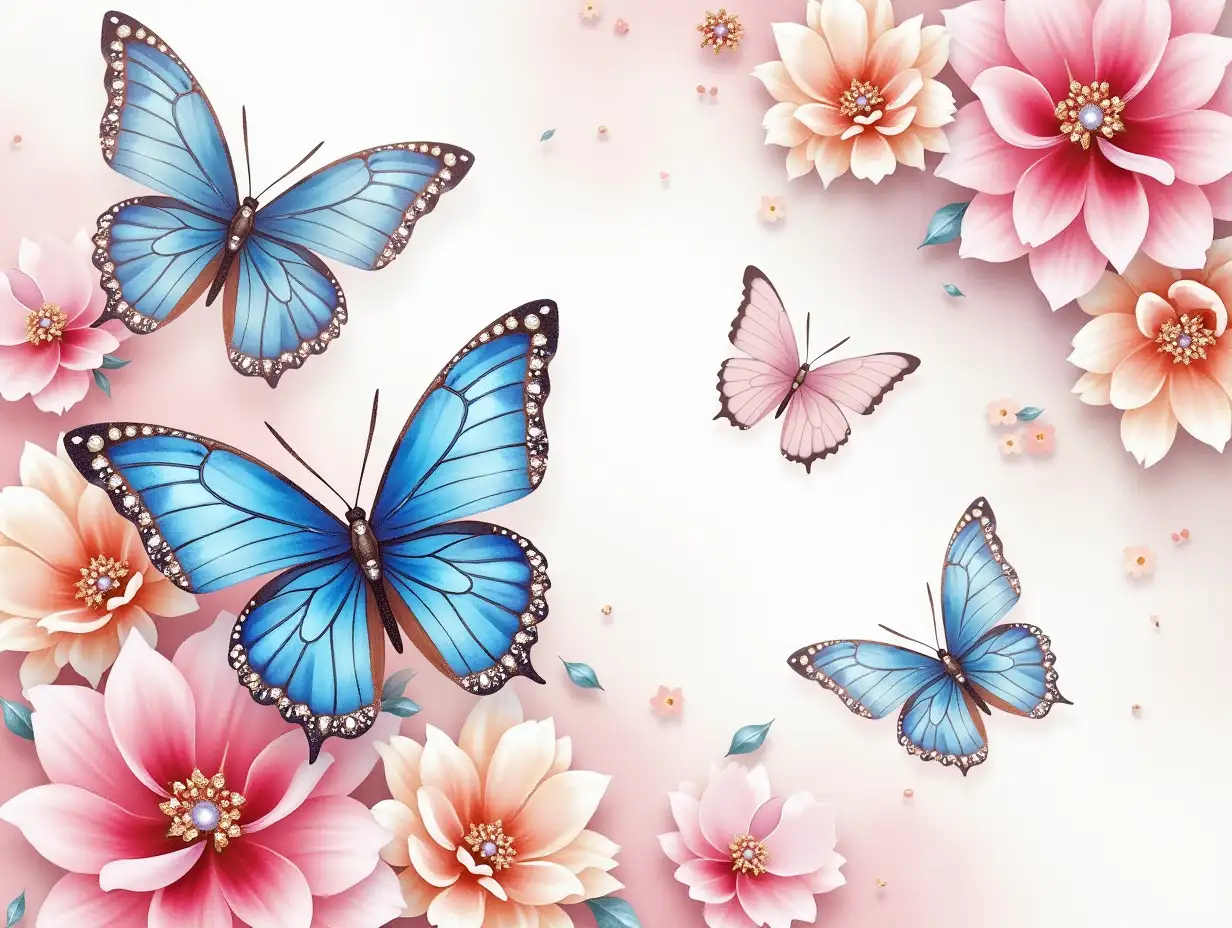 Create a highly detailed and intricate image featuring a luxurious and elegant design centered around a collection of large, vibrant butterflies with wings in shades of blue and pink, adorned with sparkling jewels and pearls. Surround the butterflies with delicate flowers in soft pastel colors such as pink, white, and peach, with some flowers also embellished with pearls and jewels. Use a background that has a silky, satin-like texture with a pearlescent sheen, enhancing the overall opulence and sophistication of the scene. Ensure the composition is balanced and visually appealing, conveying a sense of depth and dimension. Watercolor painting