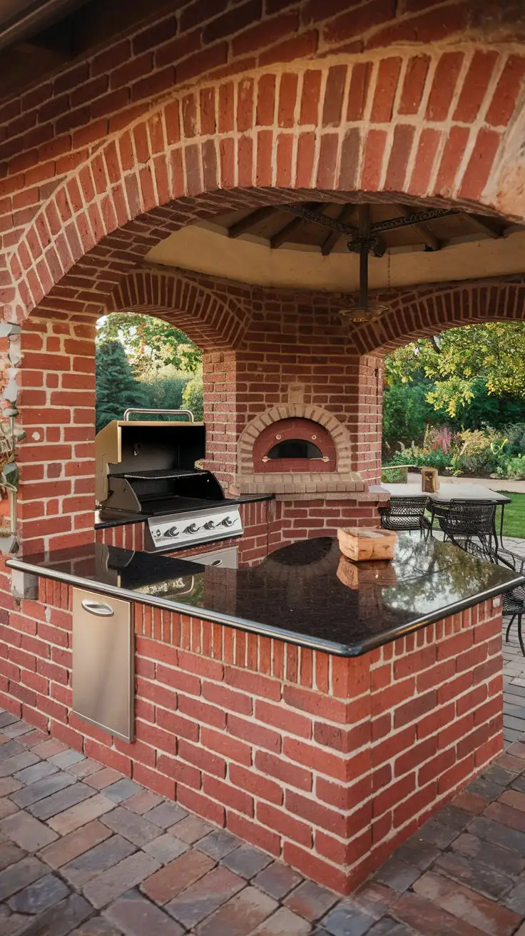 Stunning real incredible DIY Outdoor Kitchen BBQ island made from red bricks, wide shot, classic traditional style, red brick finish, granite countertop, built-in charcoal grill, brick pizza oven, outdoor dining table, lush garden, summer afternoon, realistic, photorealistic, 8k, high detail