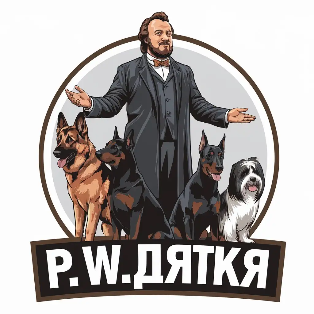 a vector logo design,with the text "P. W.        شرلوک", main symbol:A man with a professor's beard and hairstyle with a black German shepherd, a black Doberman, and a Shitzu by his side,Moderate,be used in Animals Pets industry,clear background