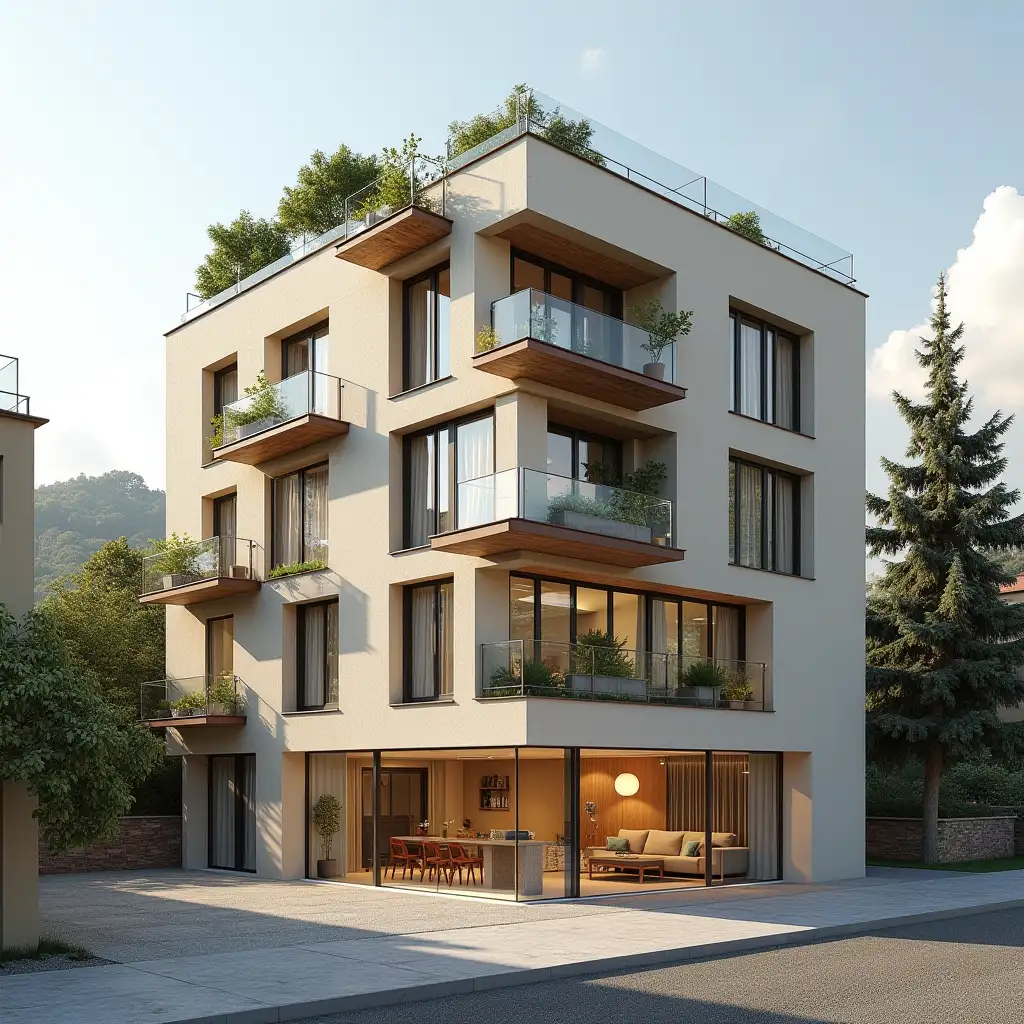 Create scaled 7 flor building rise from graund zero to a small hill, with shops on graund 0, with medium balcony, combined modern and rinascimento Florence style.