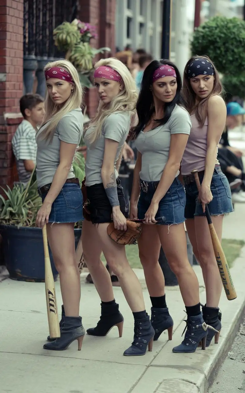 A gang of very beautiful  latina women - bikers in miniskirts and bandanas with  baseball bats  attack a boy. , Deep neckline. photo, cinematic photo, cinematic