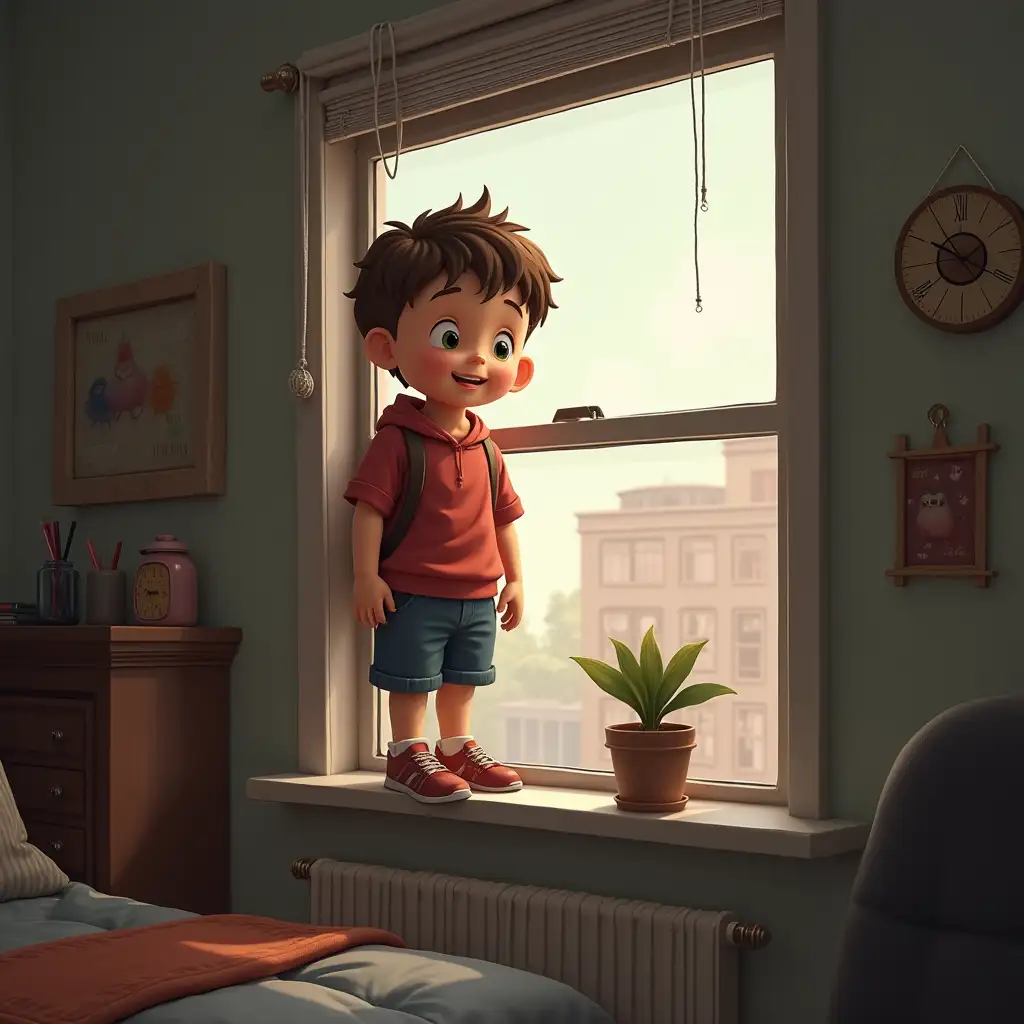 Boy, stands on the windowsill, in the room