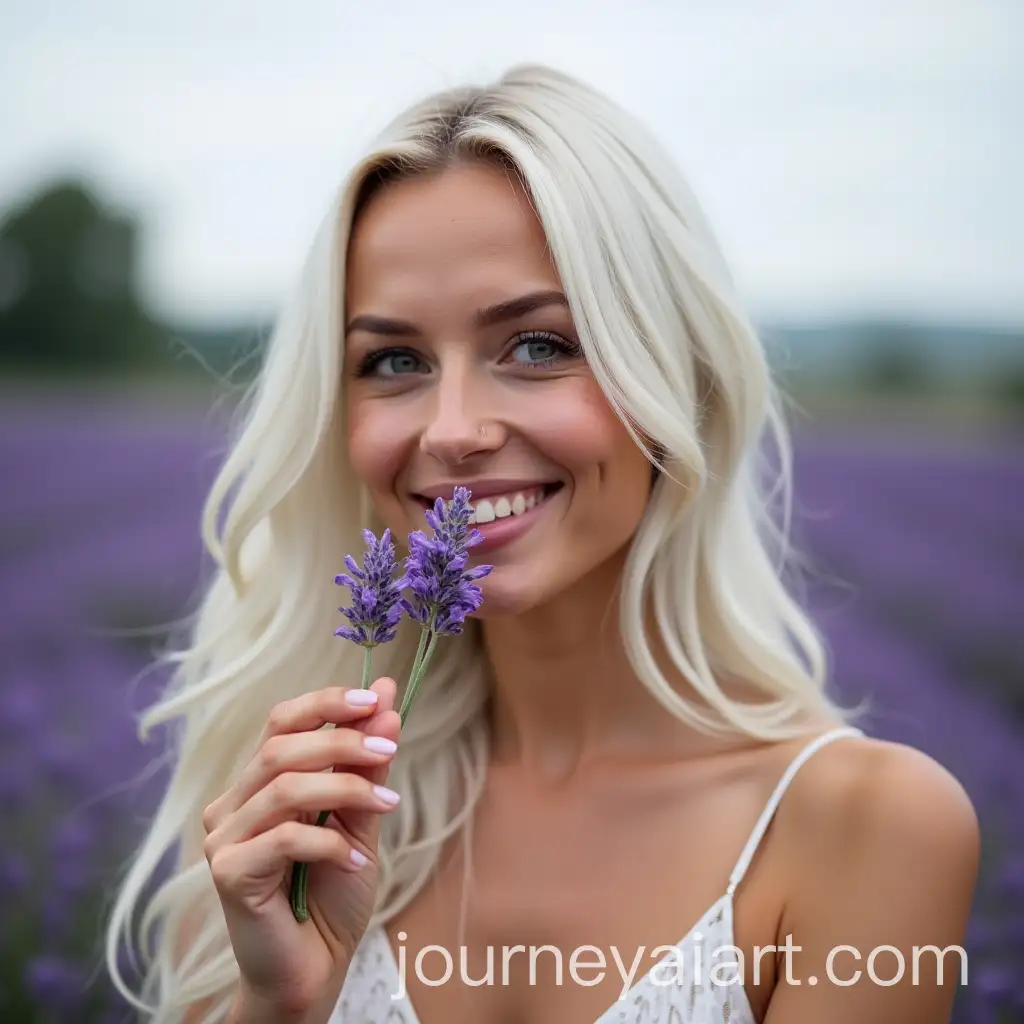 Woman-Smiling-with-White-Hair-in-Lavender-Field-Smelling-Lavender-Stalk