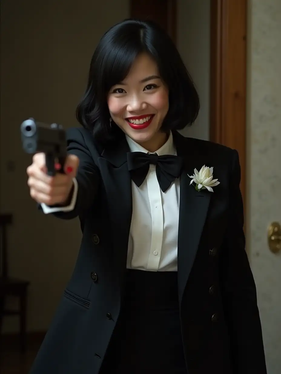 Chinese-Spy-Woman-in-Formal-Tuxedo-with-Corsage-Pointing-Gun